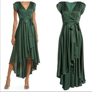 Lulus Fallen For You Emerald Green Satin High-Low Maxi Dress